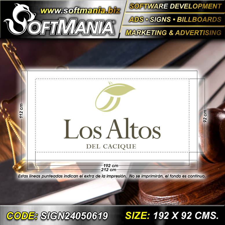 Read full article Full Color Banner with Tubular Frame with Text Los Altos del Cacique Advertising Sign for Law Firm brand Softmania Ads Dimensions 75.6x36.2 Inches