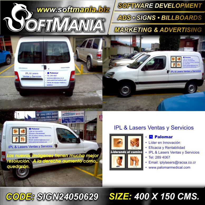 Read full article Advertising for Company Vehicle Fleet with Text Microbus Signage, Ipl Lasers Sales and Services Advertising Sign for Aesthetic Clinic brand Softmania Ads Dimensions 13.8x19.7 Inches