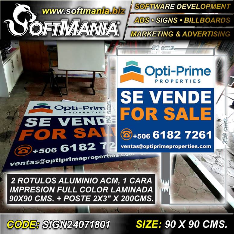 Read full article Aluminum Acm 4mm with Single Pole 1.5x1.5 Inches X 200 Centimeters with Text Opti Prime for Sale Advertising Sign for Real Estate brand Softmania Ads Dimensions 35.4x35.4 Inches